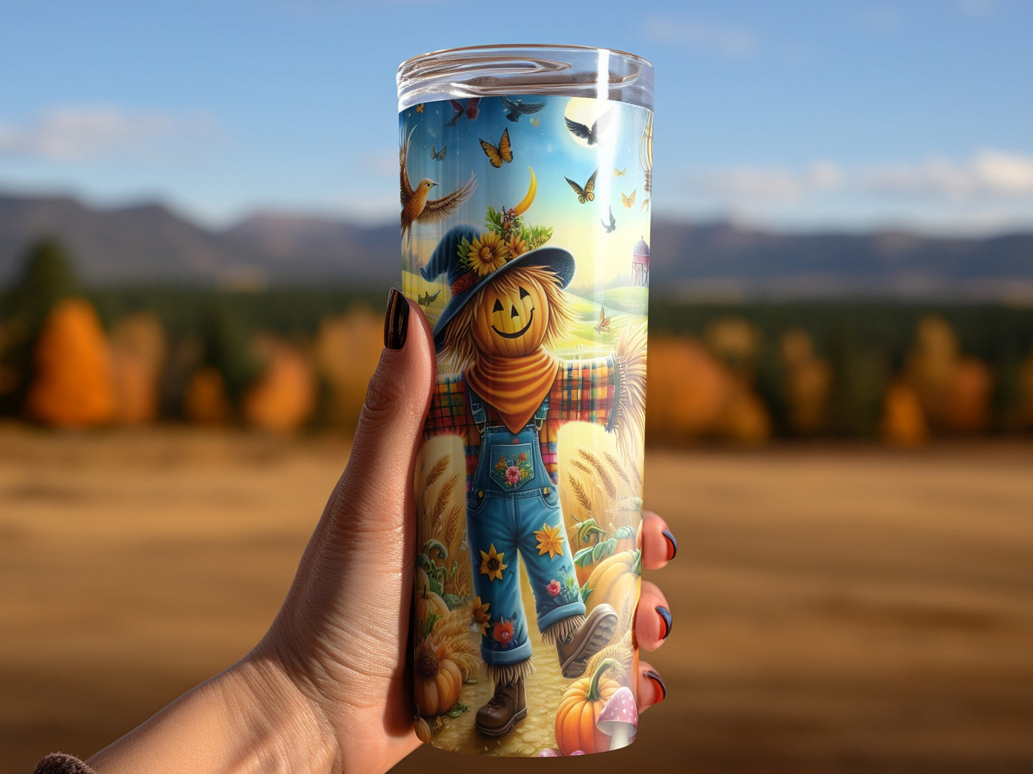 Tumbler with a happy scarecrow and autumn scene, held by a hand.