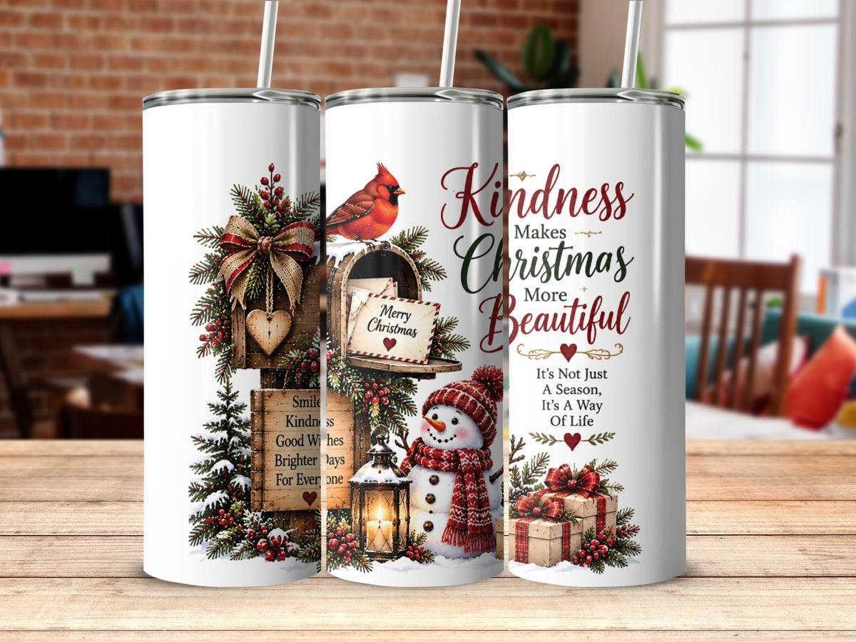 Three white metal tumblers display a Christmas design with a mailbox, cardinal, snowman, presents, and inspirational holiday text.
