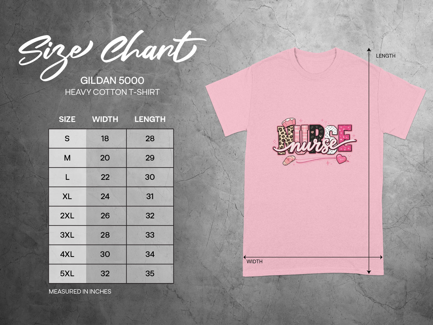 Gildan 5000 heavy cotton t-shirt size chart with measurements.
