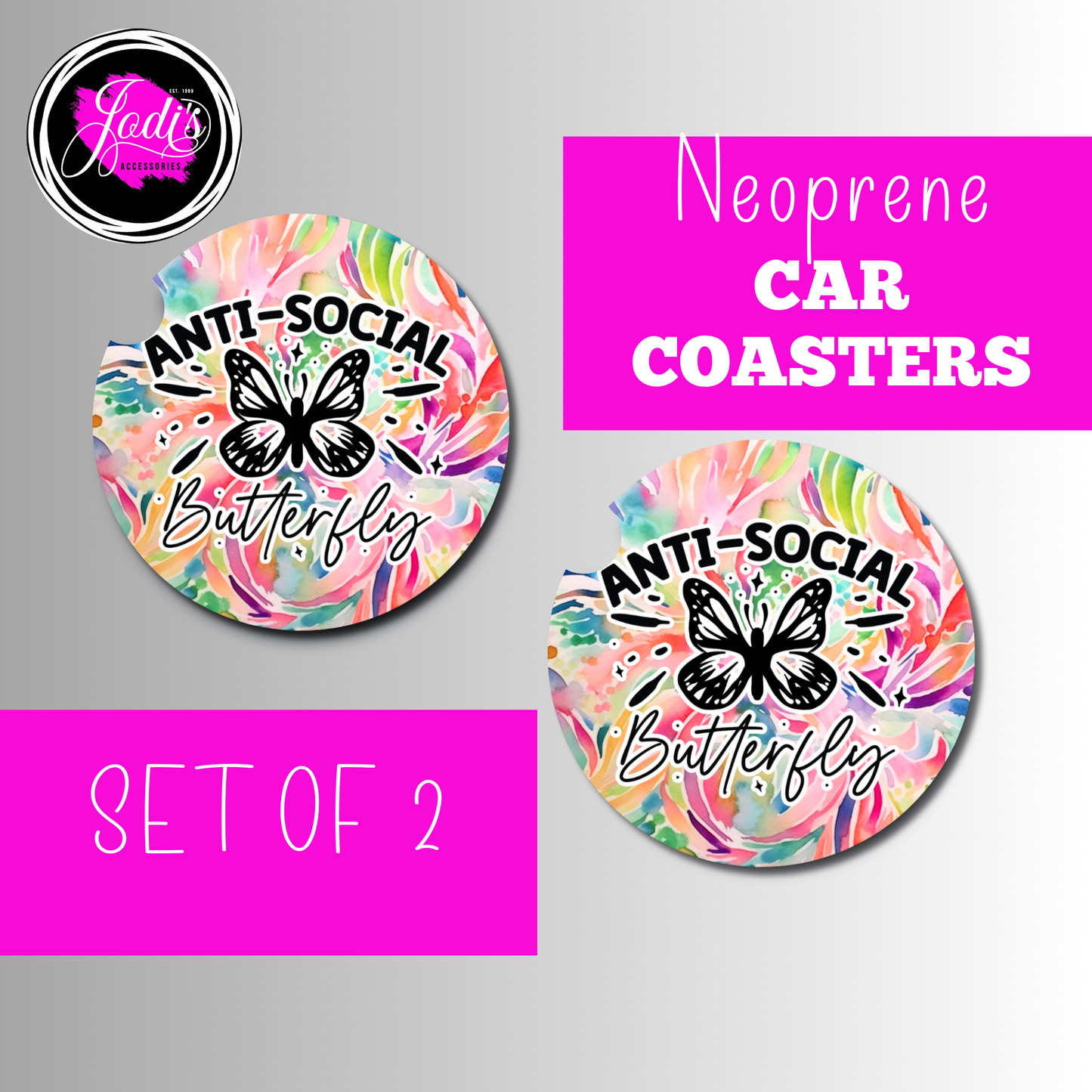 Anti-Social Butterfly Car Coasters – Set of 2 | Neoprene