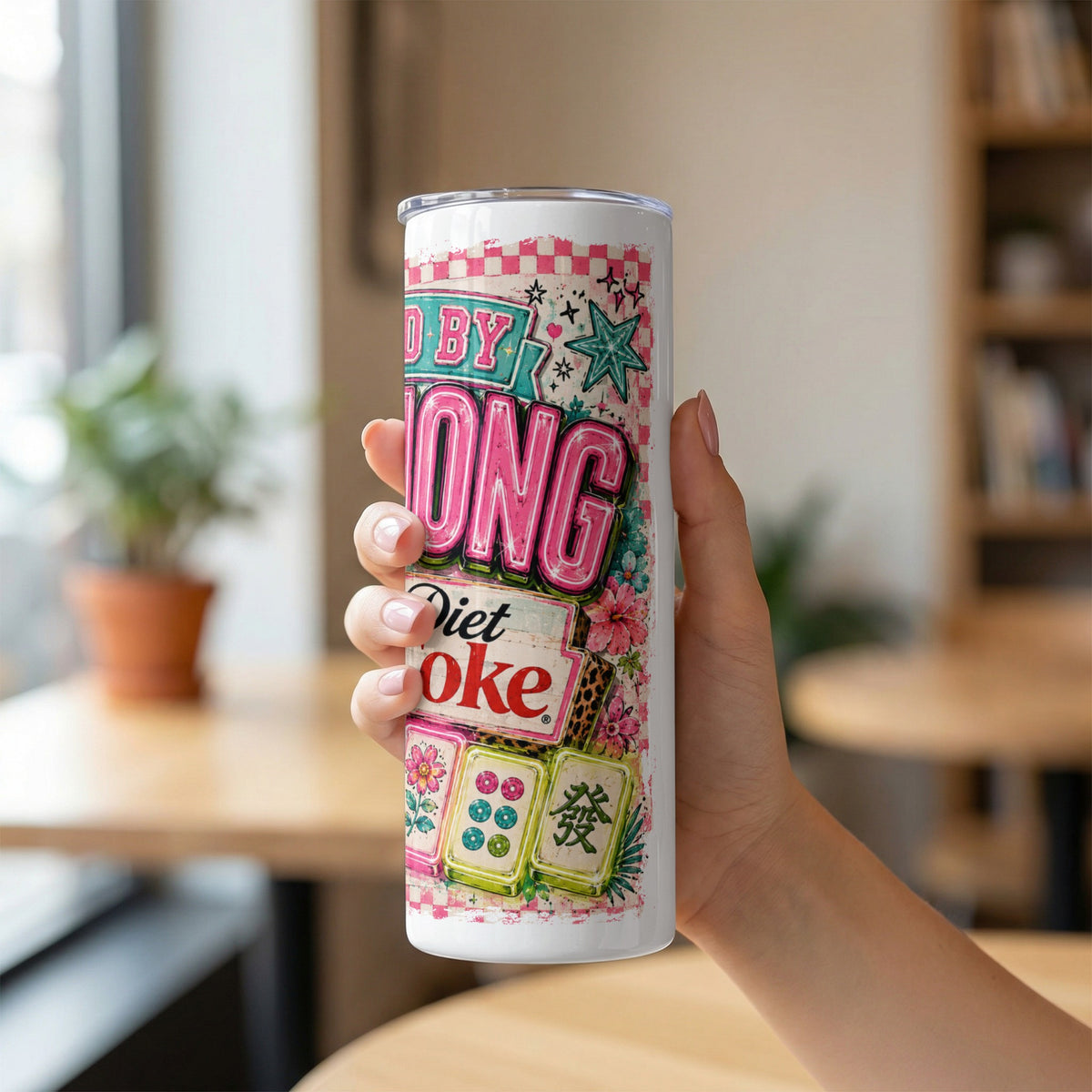 Tumbler with "Proud by Long Diet Coke" and mahjong tiles design.
