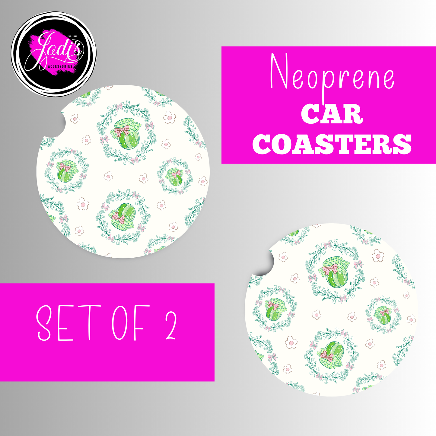 Pickle Jar Floral Wreath Neoprene Car Coasters – Set of 2