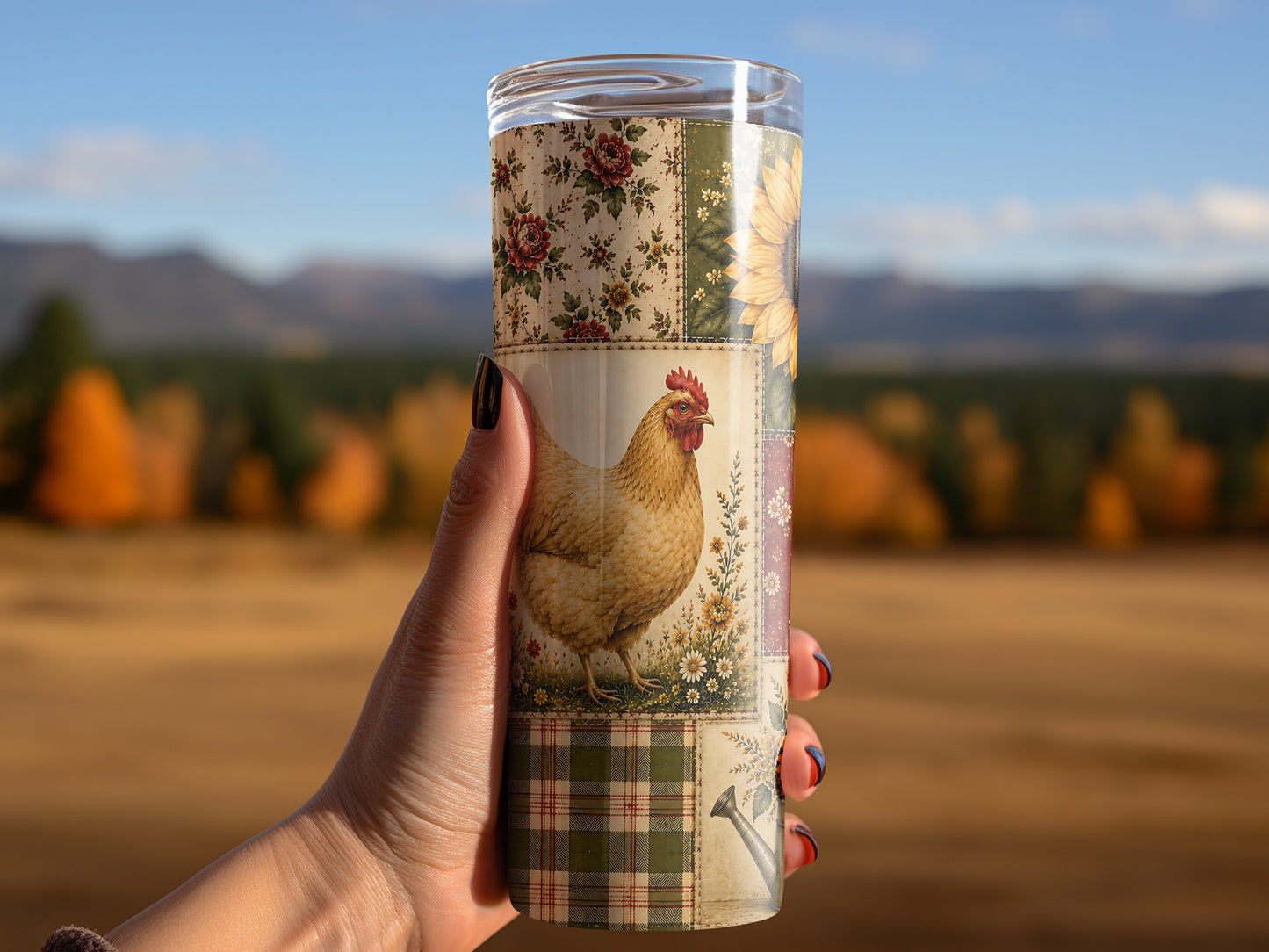 Glass tumbler with chicken, floral, sunflower, and plaid patchwork designs.