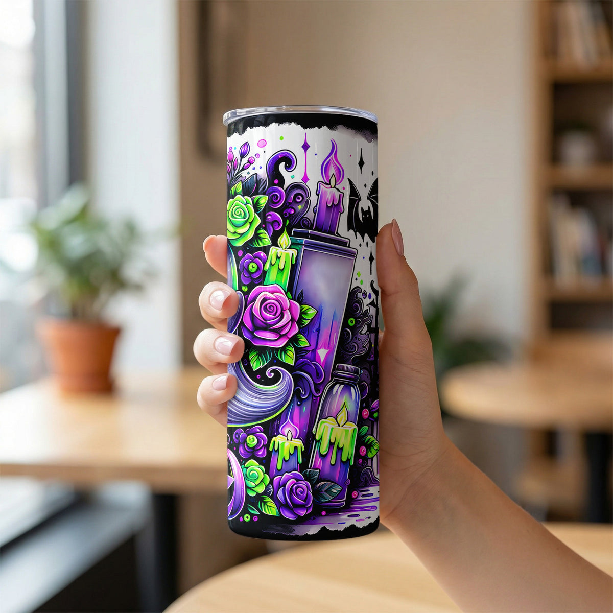 Tumbler with purple roses, dripping candles, and bat graphics.