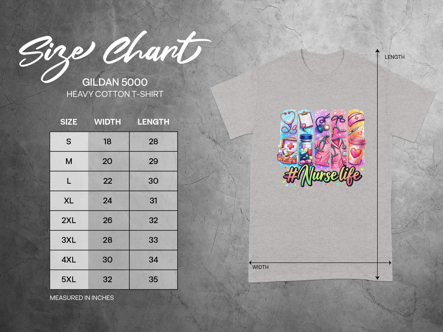 Gildan 5000 Heavy Cotton T-shirt size chart with width and length measurements.