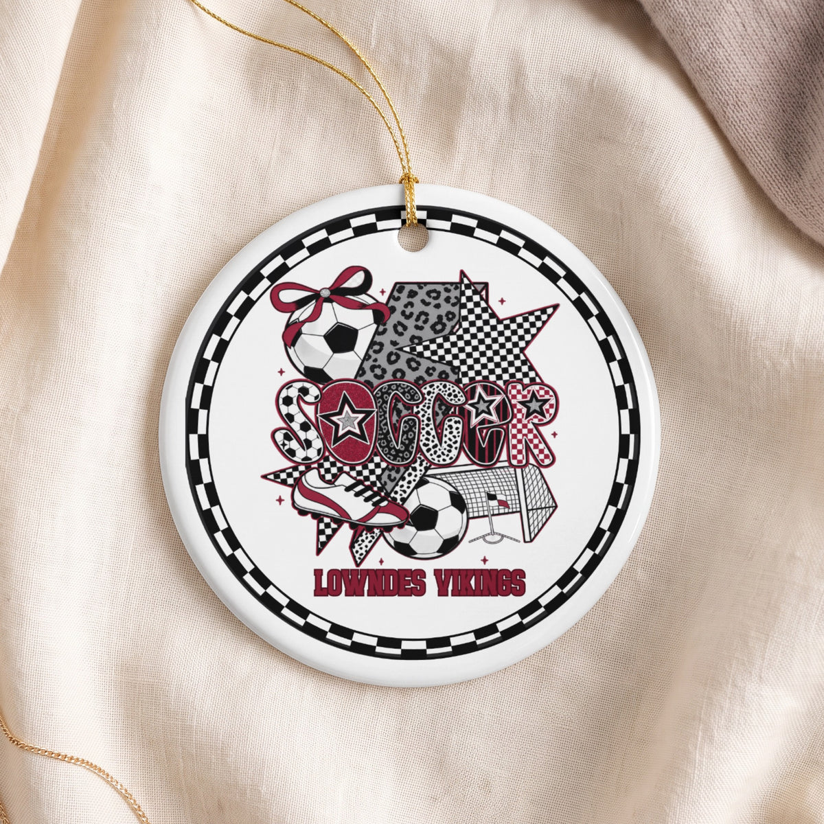 Round ornament with "SOCCER" and "LOWNDES VIKINGS" text, soccer balls, and shoe.