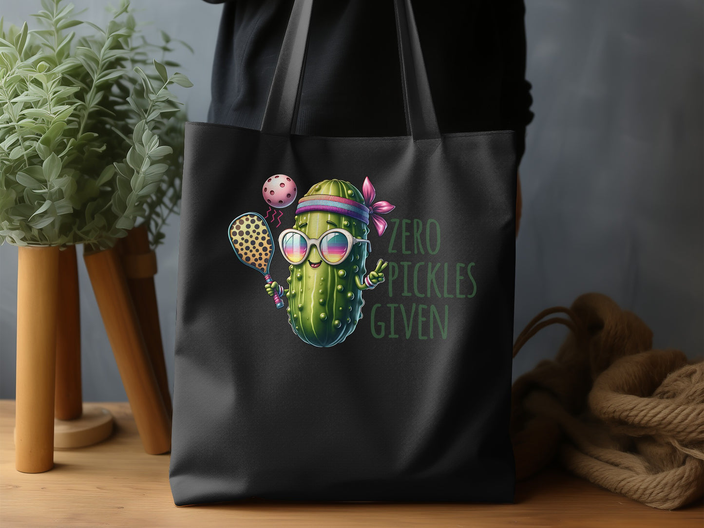 Cartoon pickle in sunglasses holding a pickleball paddle and ball.