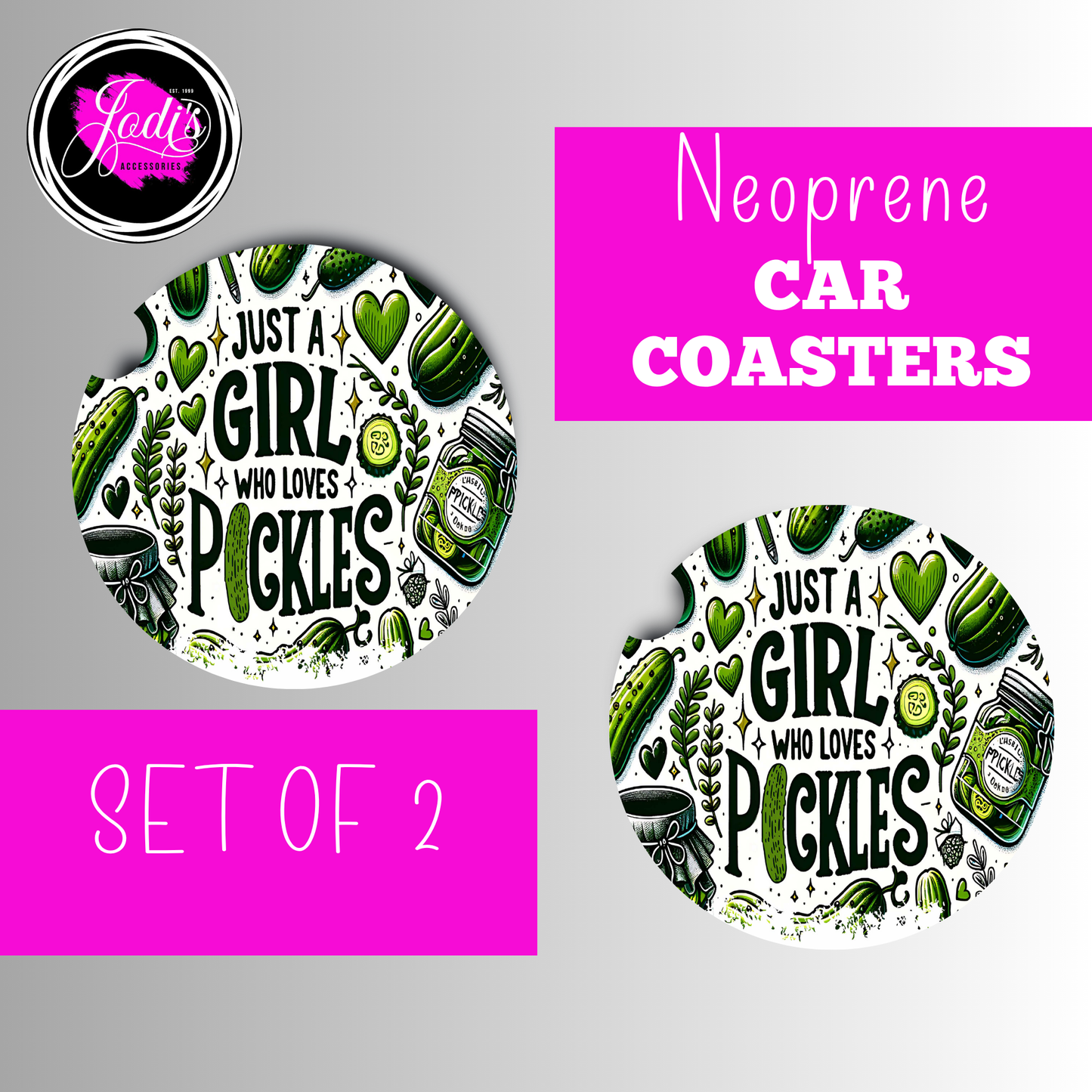 Just a Girl Who Loves Pickles Neoprene Car Coasters – Set of 2