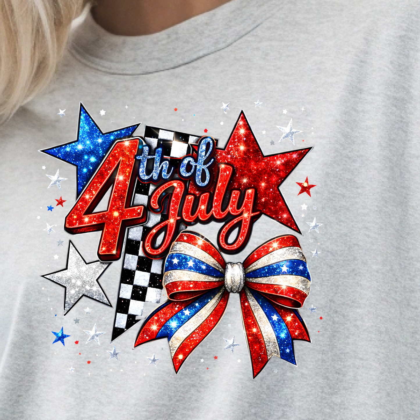 Gray shirt with '4th of July' design featuring stars and a bow.