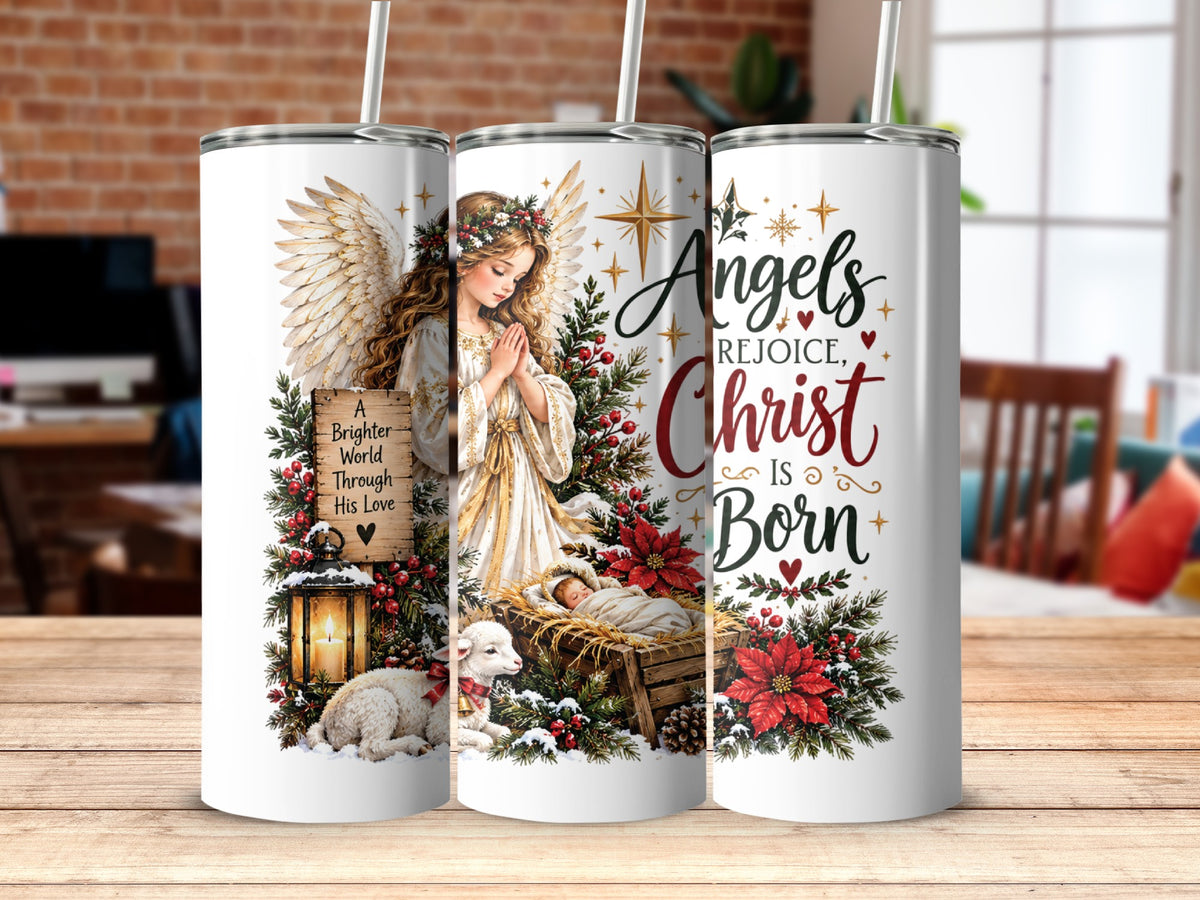 Three white tumblers with a Christmas nativity design featuring an angel, baby Jesus, and the text Angels Rejoice, Christ Is Born.