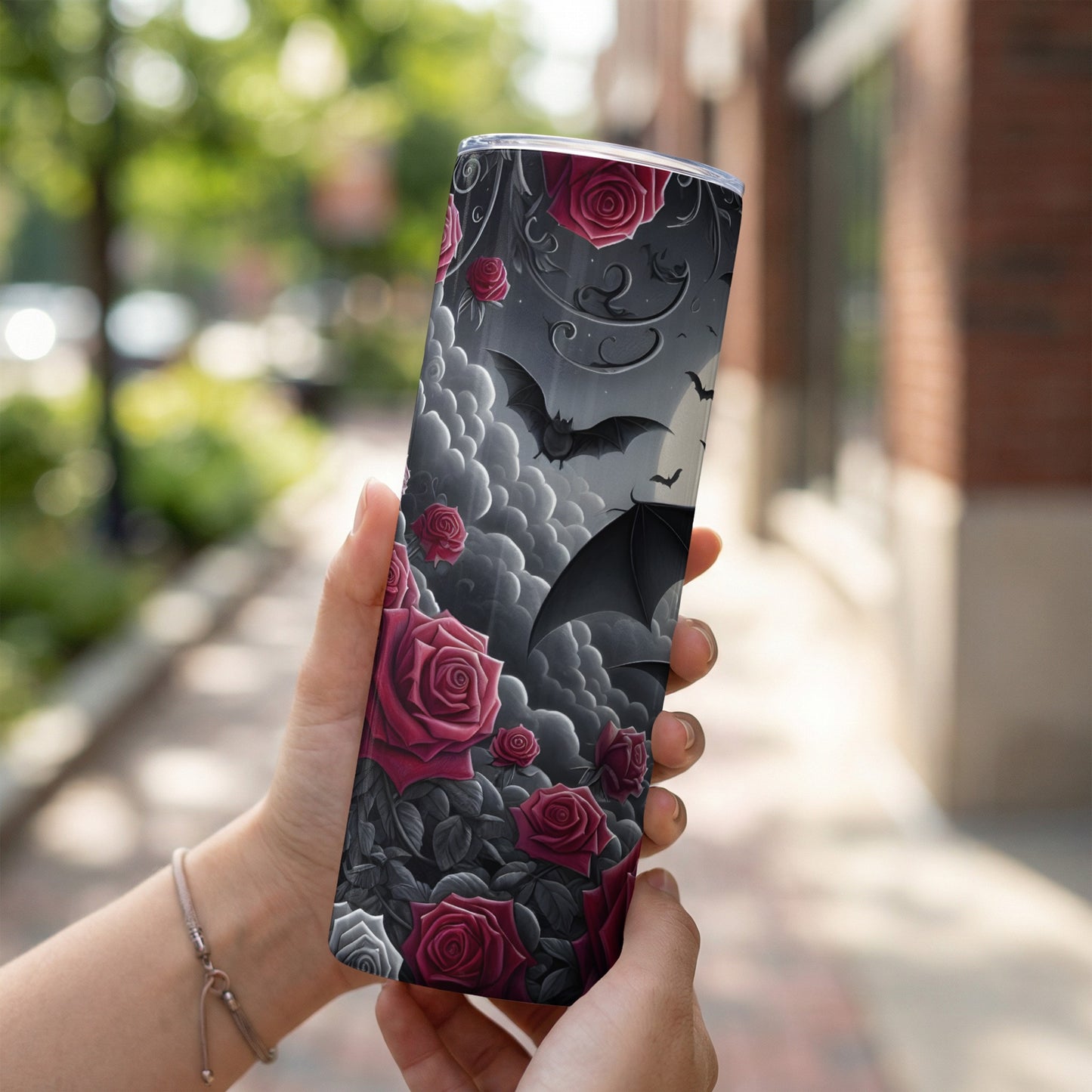 Tumbler with dark gothic roses, bats, and umbrella design.