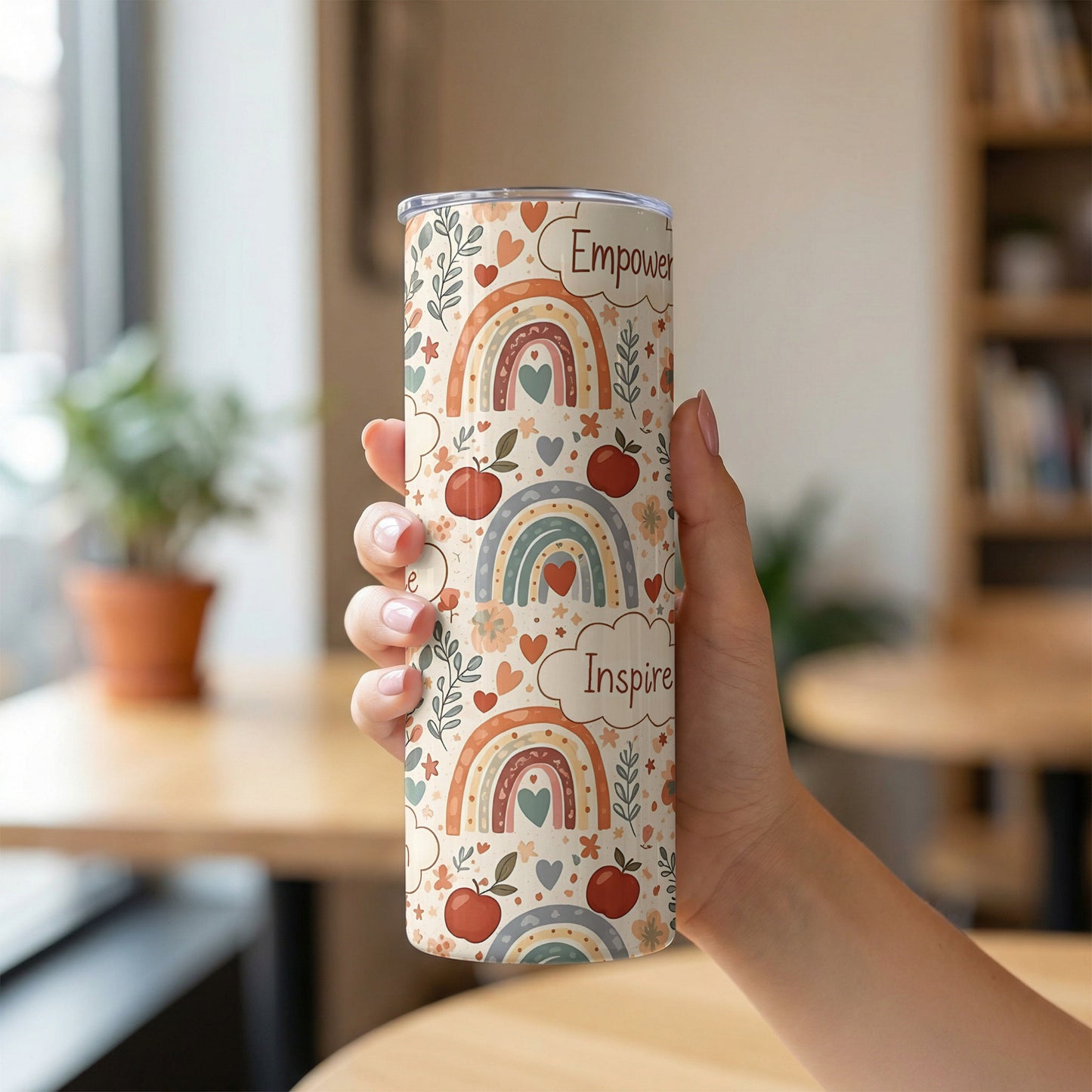 Tumbler with rainbows, apples, and the words "Empower" and "Inspire".