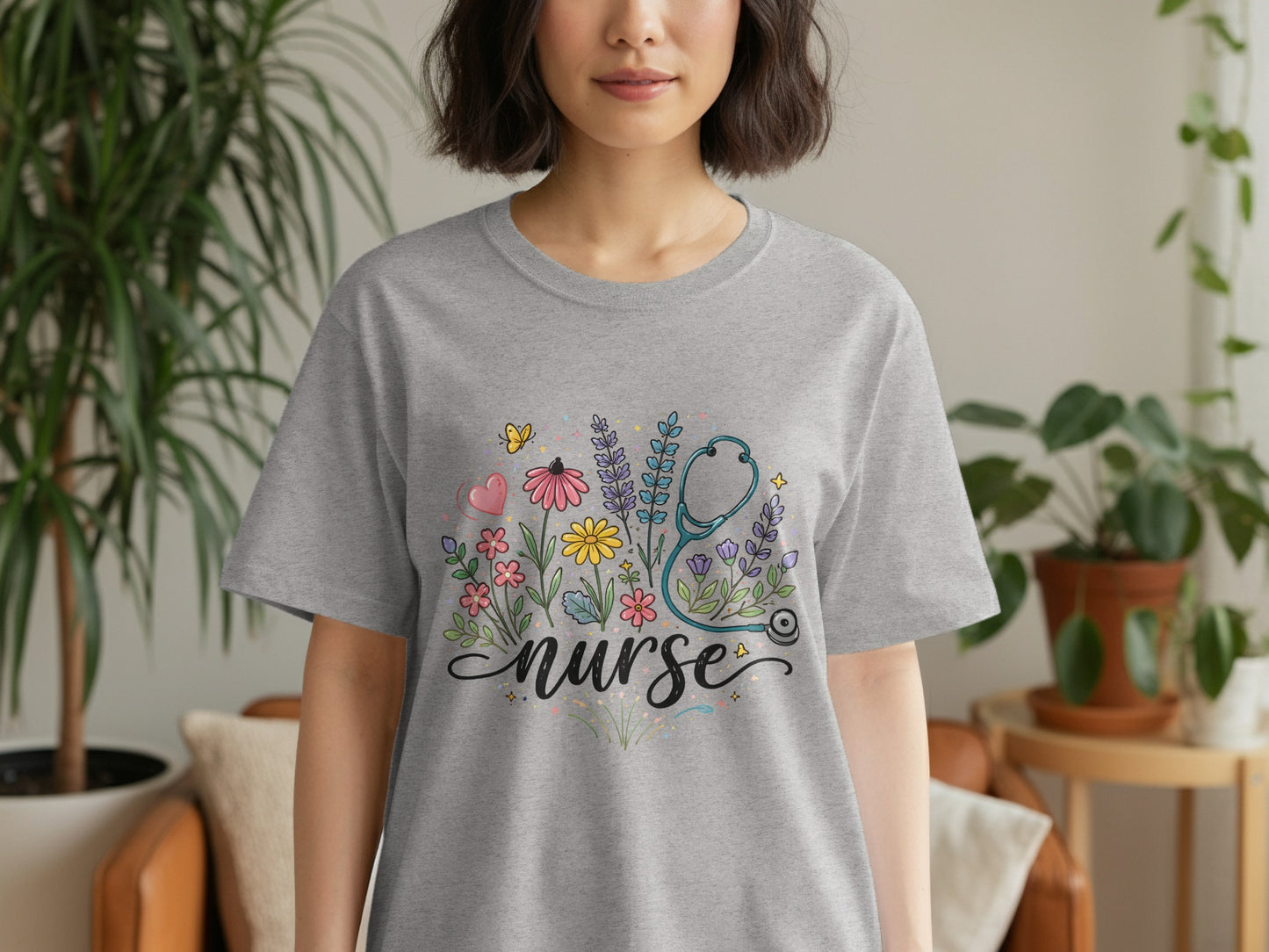 Gray t-shirt with "Nurse" text and floral stethoscope design.