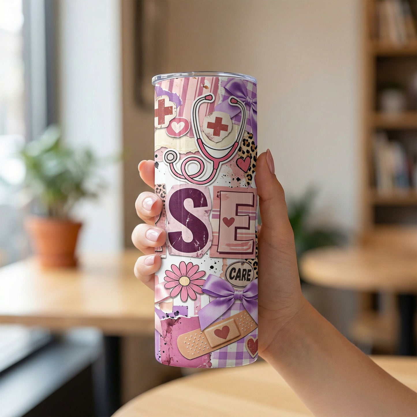 Tumbler with pink and purple nurse-themed collage featuring "SE" letters and "CARE" text.