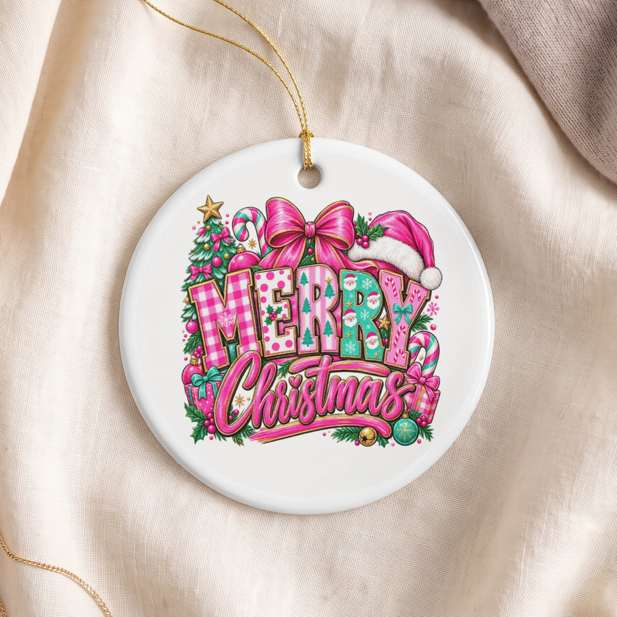 Round Christmas ornament with "Merry Christmas" text and holiday icons.