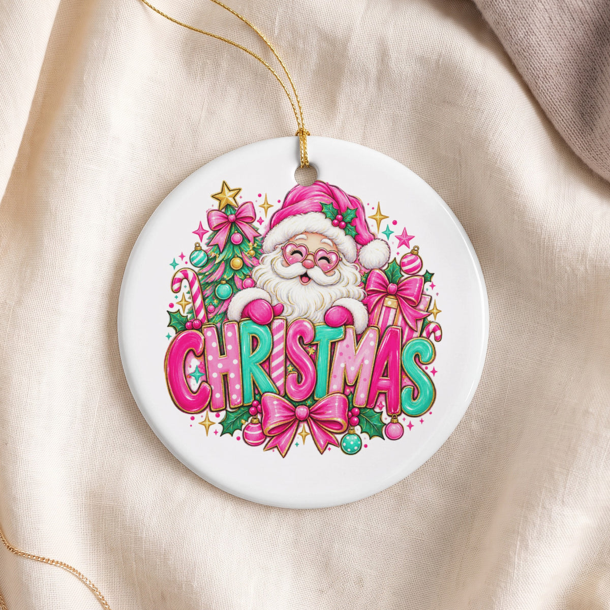Round ornament with Santa, Christmas tree, and colorful "CHRISTMAS" text.