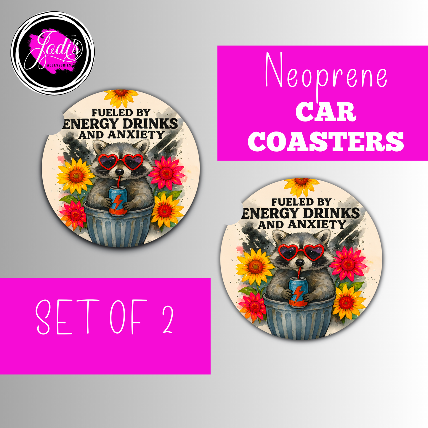 Neoprene Car Coasters – "Fueled by Energy Drinks and Anxiety" | Set of 2
