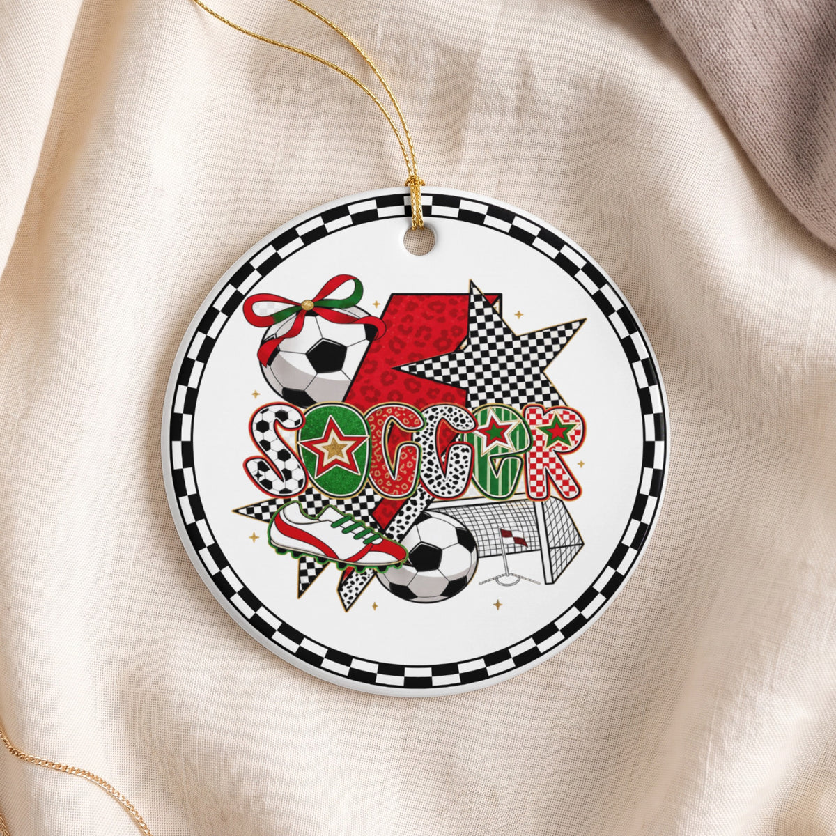 Round soccer ornament with "Soccer" text and holiday elements.