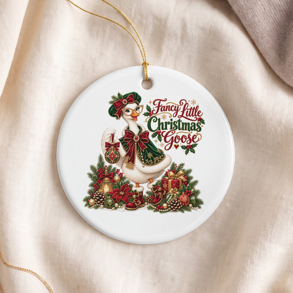 Round ornament with a goose wearing a Santa hat and holding an ornament.