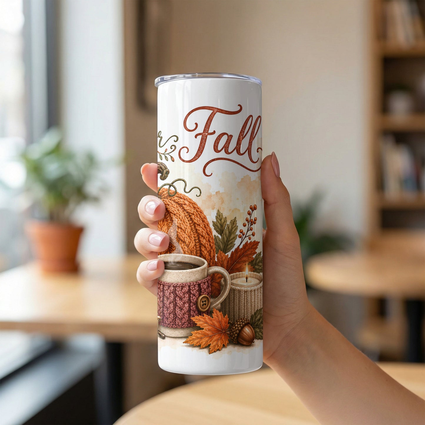 White tumbler with "Fall" text, pumpkin, coffee, and candle in autumnal design.
