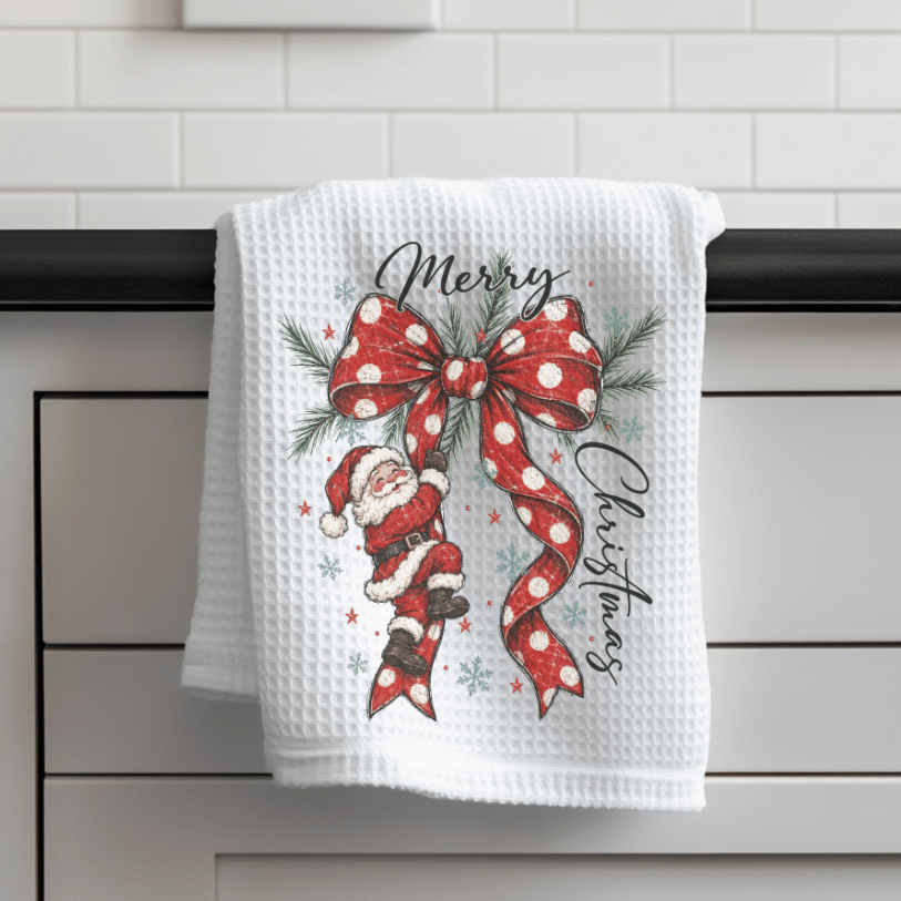 Merry Christmas Santa & Polka Dot Bow Waffle Weave Kitchen Towel