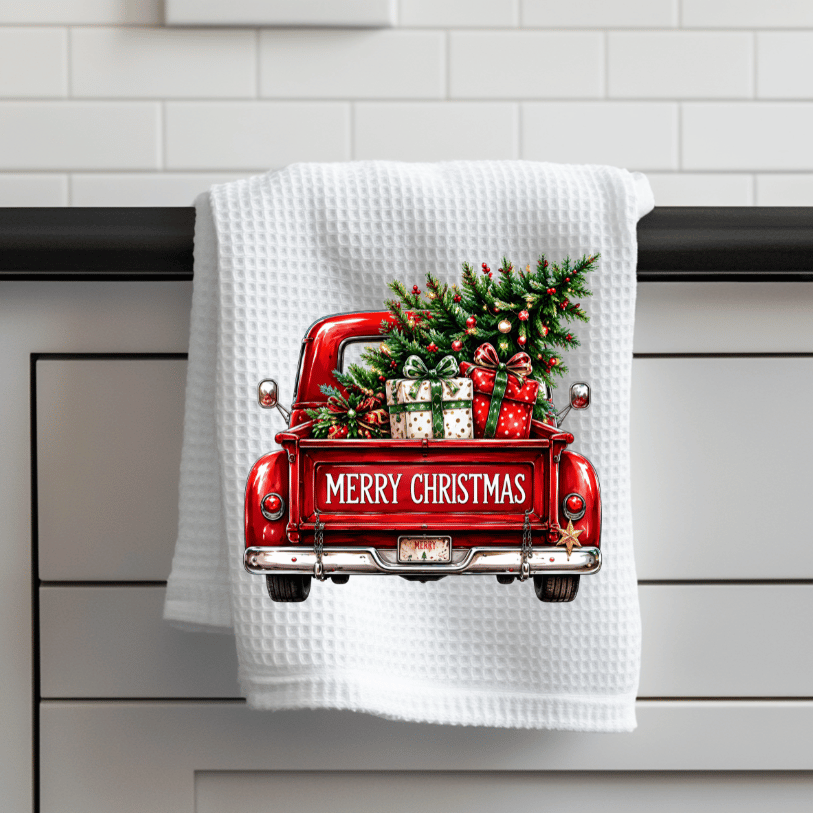 Red Truck Christmas Waffle Weave Kitchen Towel – Merry Christmas