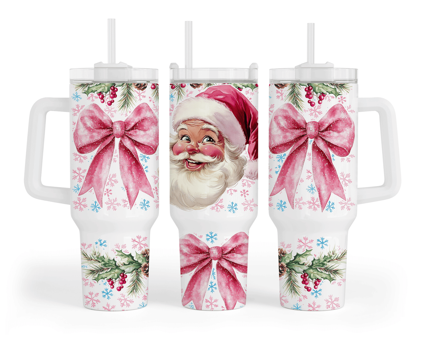 Retro Santa Pink Bow Snowflake 40 oz Tumbler