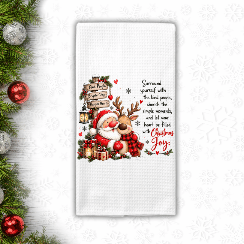 Christmas Joy Santa & Reindeer Waffle Weave Kitchen Towel