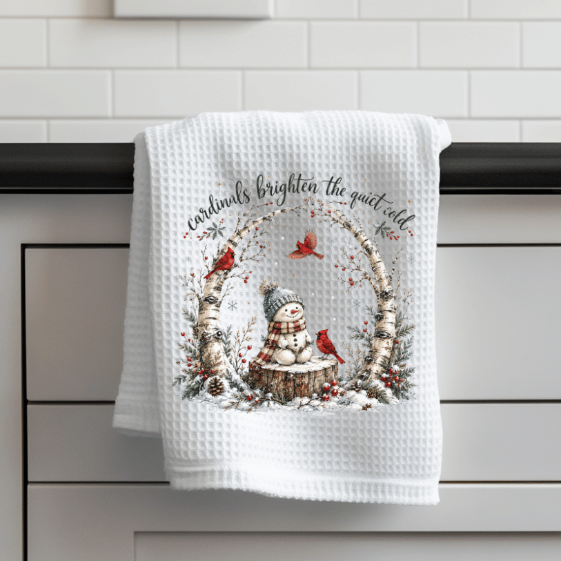 Snowman & Cardinals Winter Waffle Weave Kitchen Towel