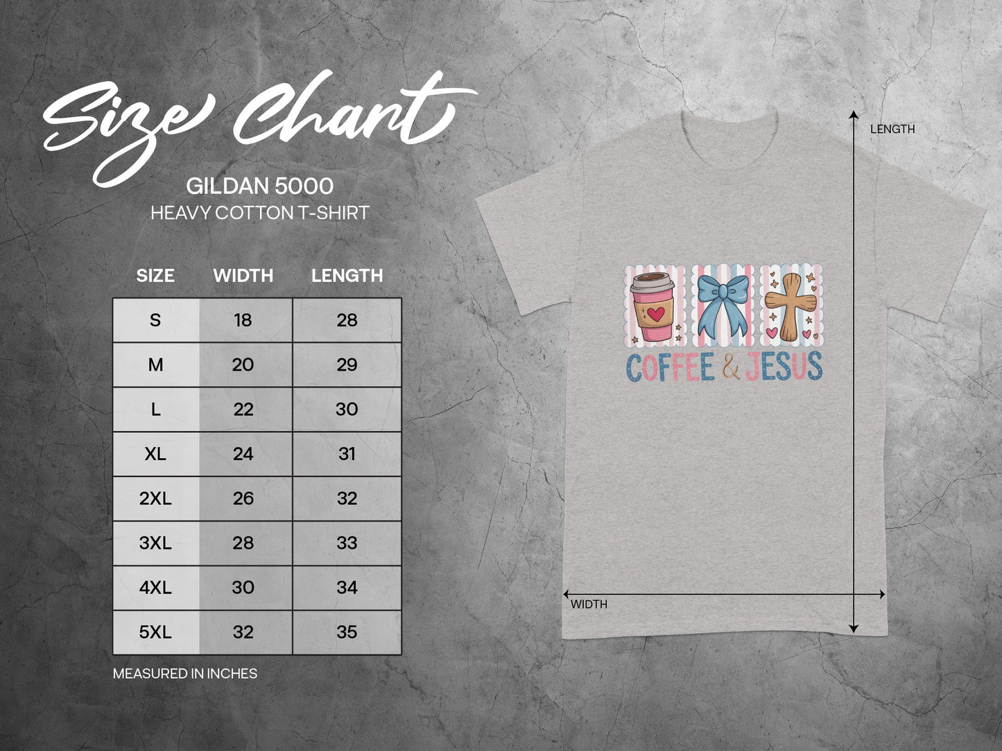 Gildan 5000 t-shirt size chart with width and length measurements.