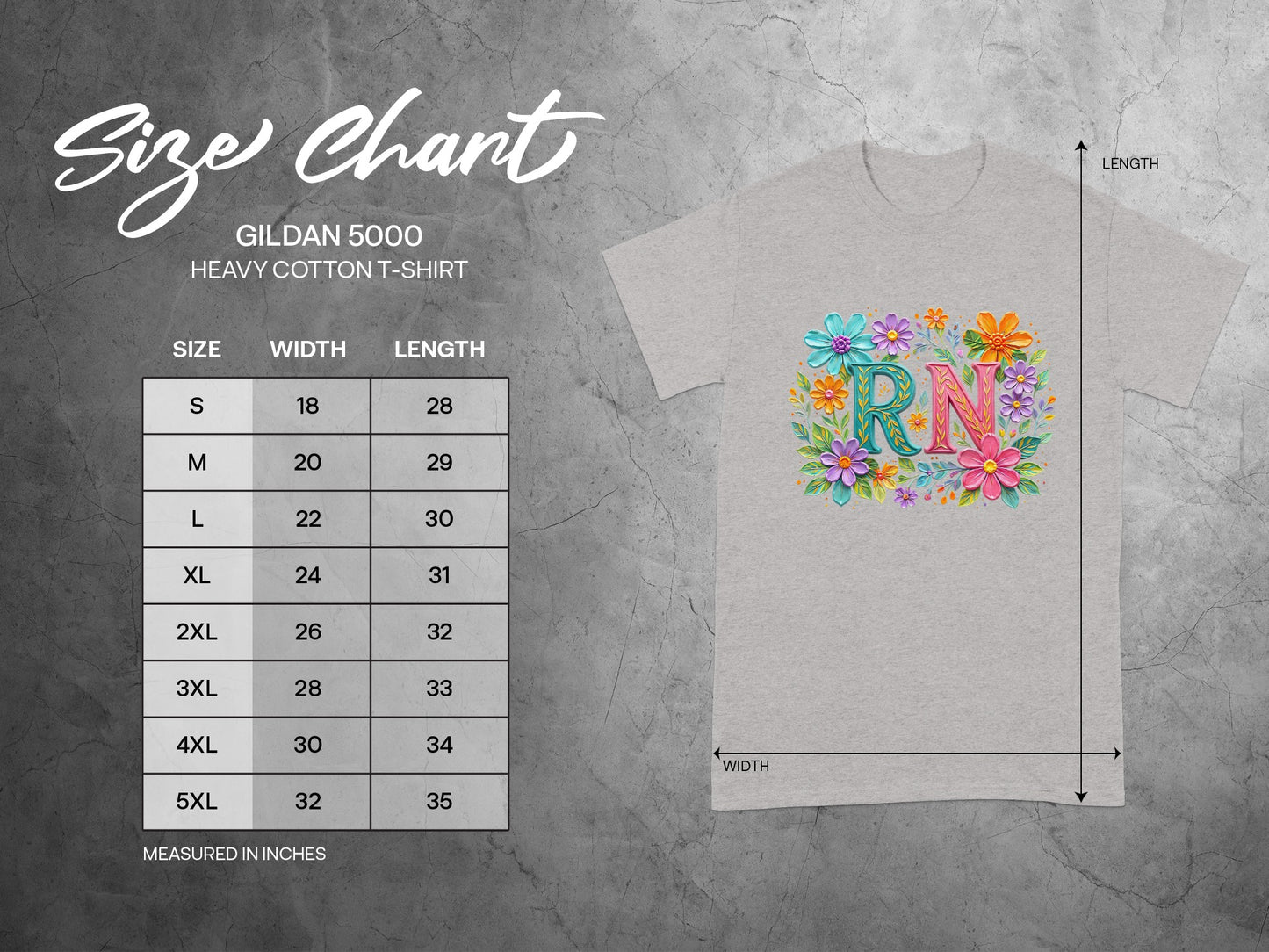 Gildan 5000 t-shirt size chart with measurements in inches.