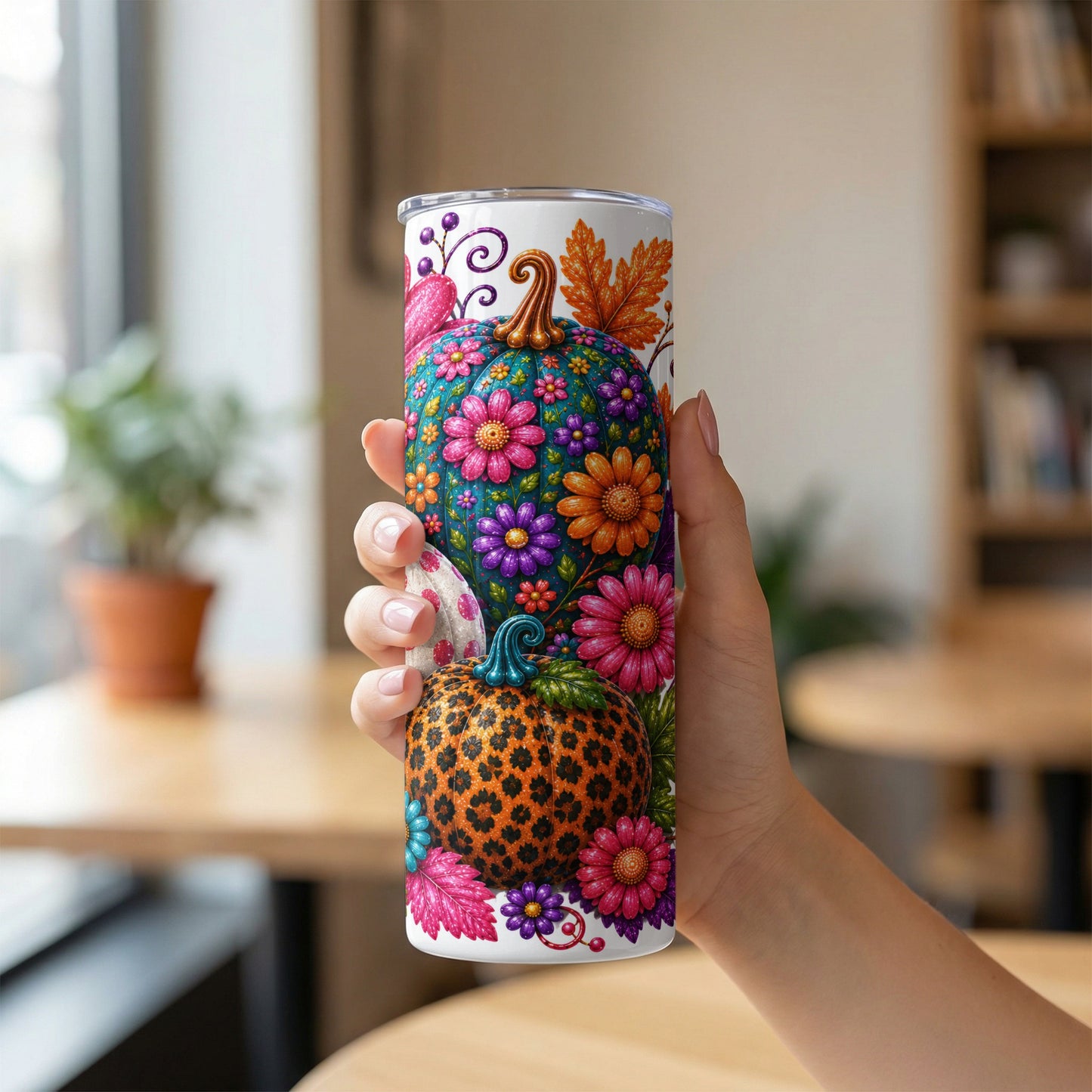 Tumbler with floral patterned pumpkins, leopard print pumpkin, and autumn leaves.