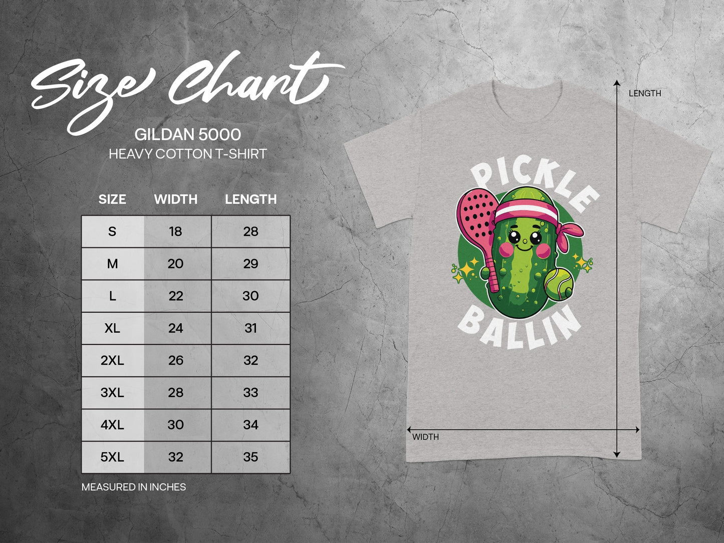 Gildan 5000 size chart with pickle wearing sunglasses and tennis racket.