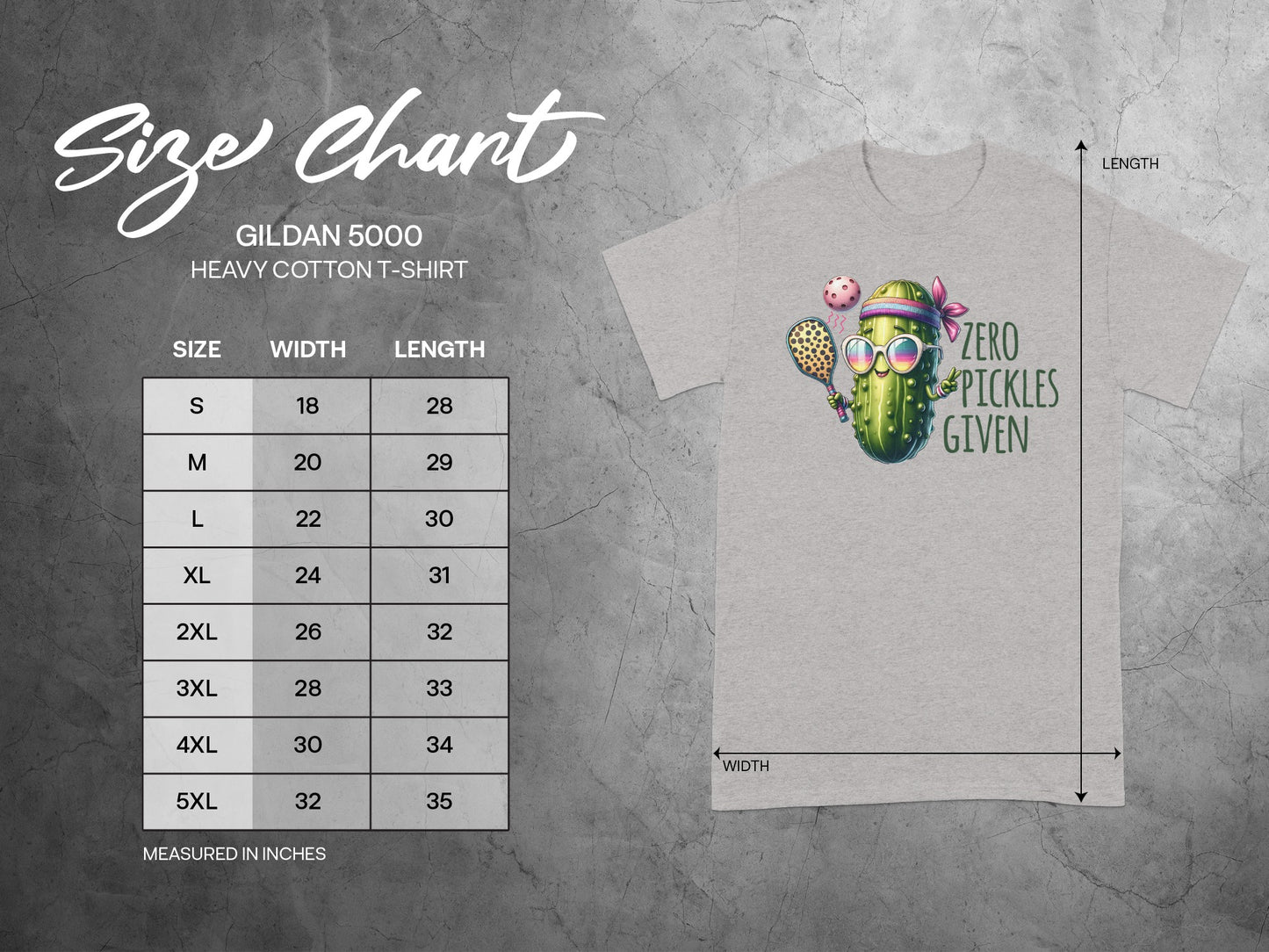 Gildan 5000 t-shirt size chart with width and length measurements.