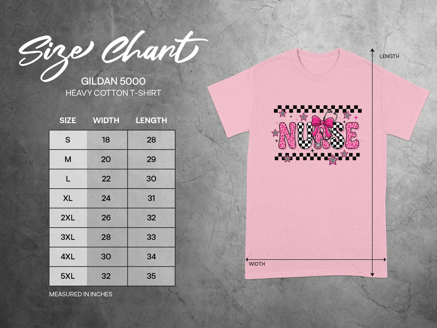 Gildan 5000 Heavy Cotton T-Shirt size chart with measurements.