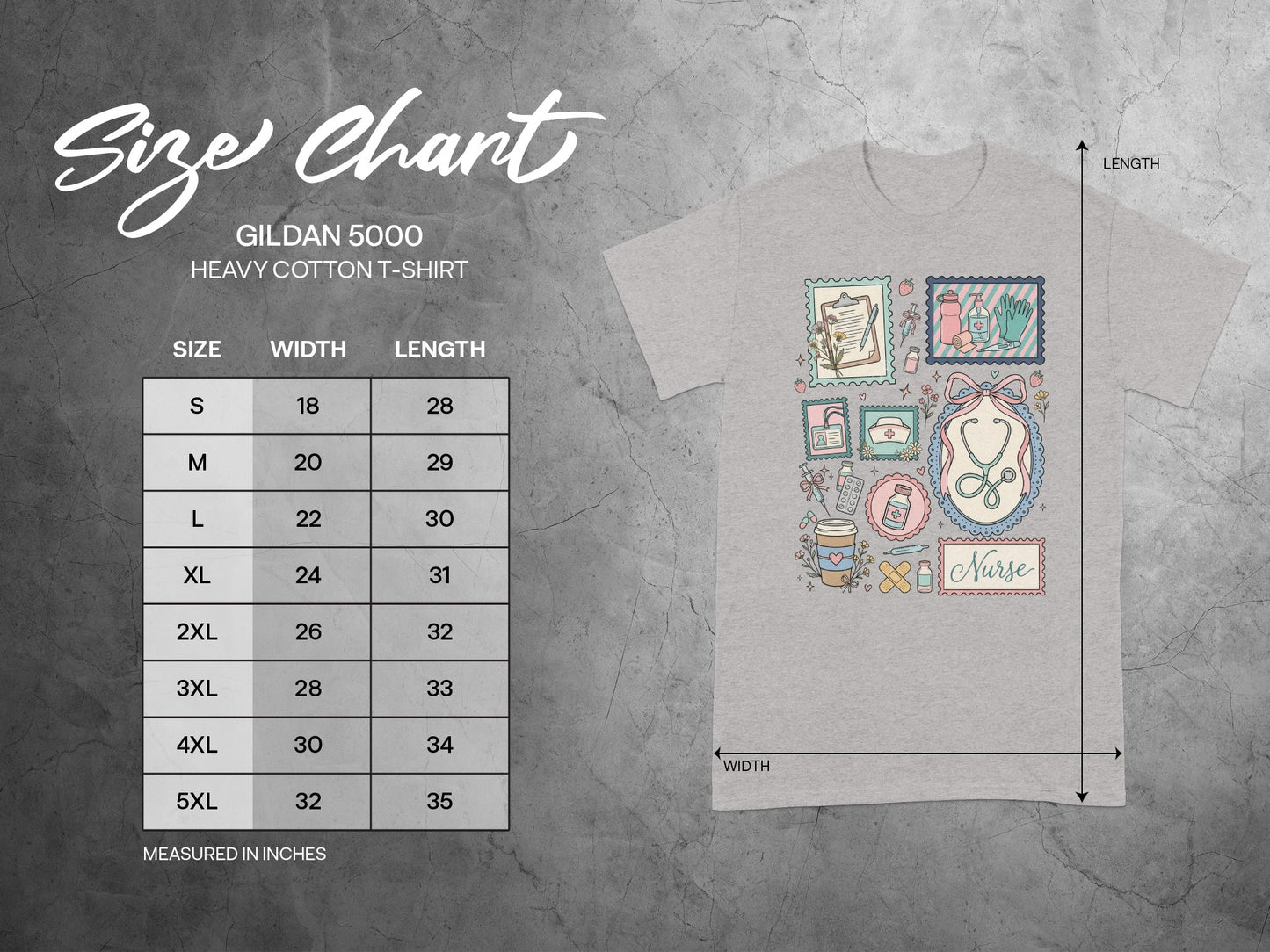 Gildan 5000 t-shirt size chart showing measurements for S to 5XL.