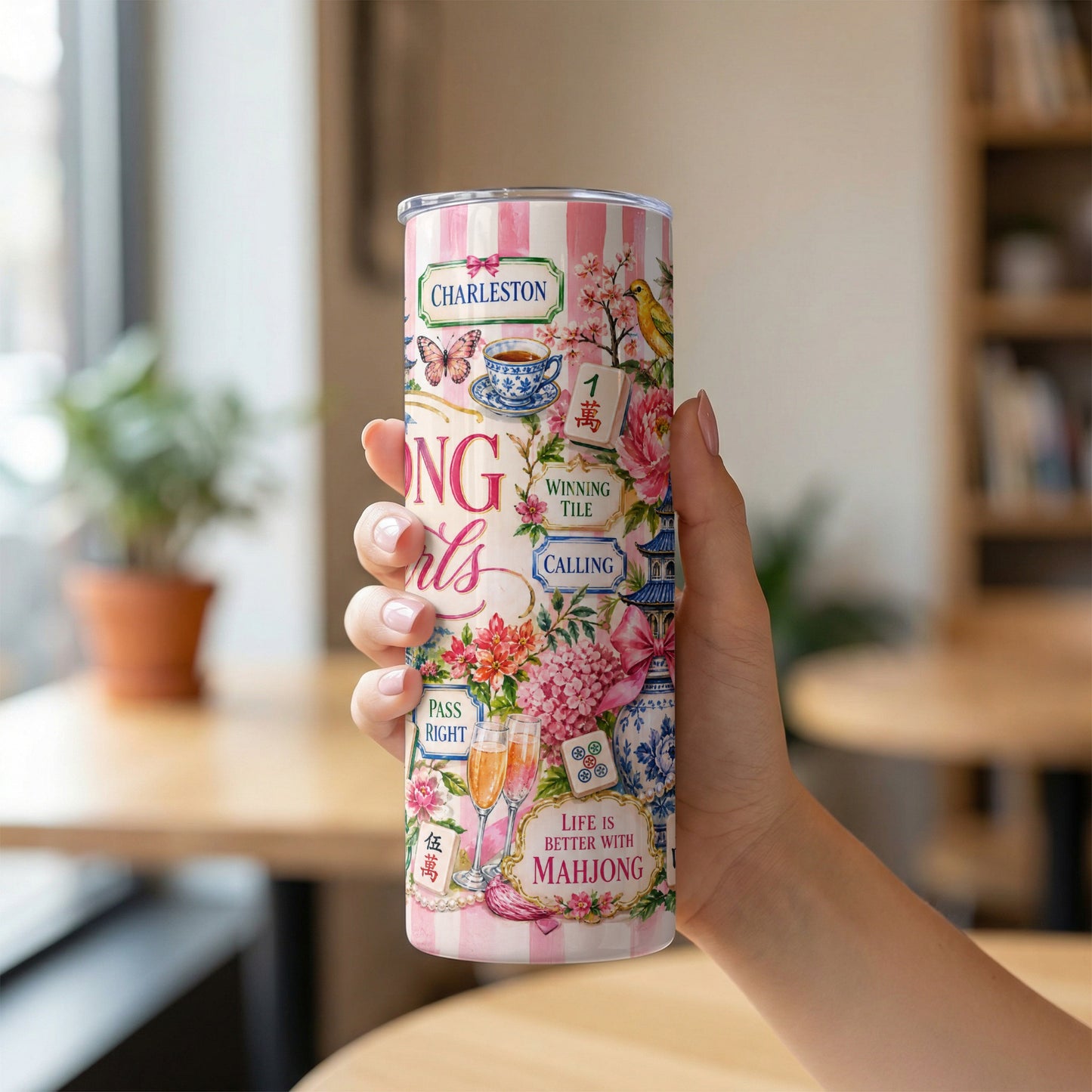 Tumbler with Charleston pattern, mahjong tiles, flowers, and text "Life is better with Mahjong".