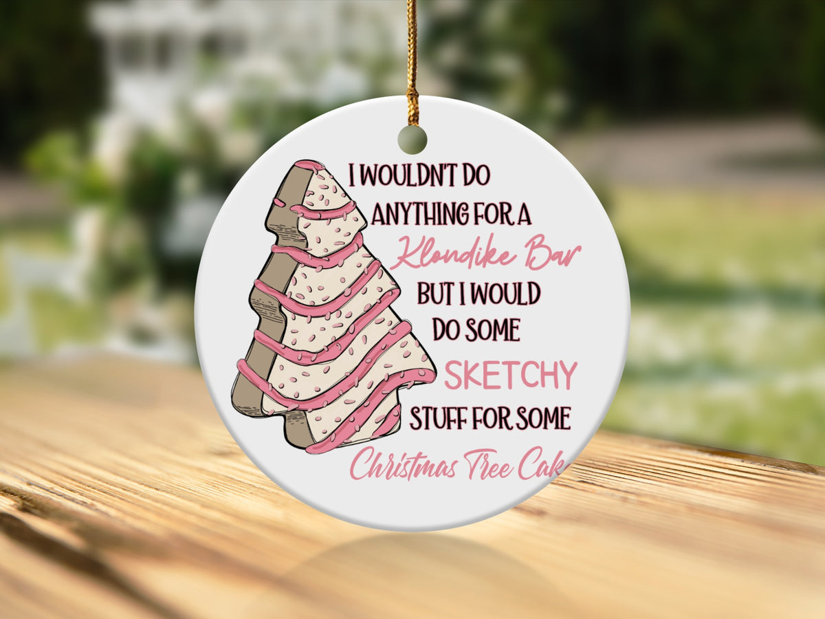 Ornament with a Christmas tree cake graphic and text about Klondike Bar and Christmas Tree Cake.