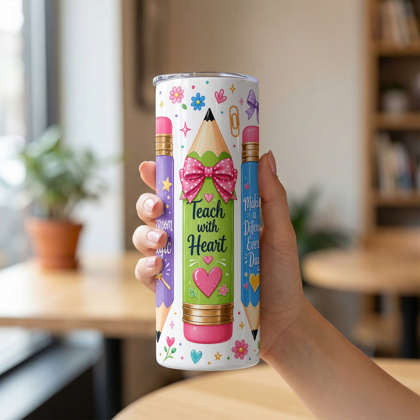 Tumbler with colorful pencil design and "Teach with Heart" text.
