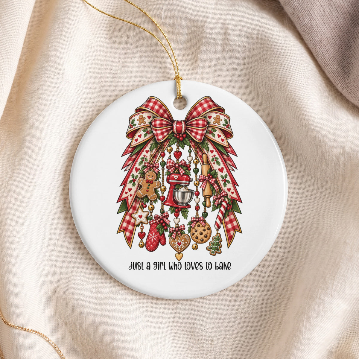 Round ornament with baking Christmas icons and text "just a girl who loves to bake".