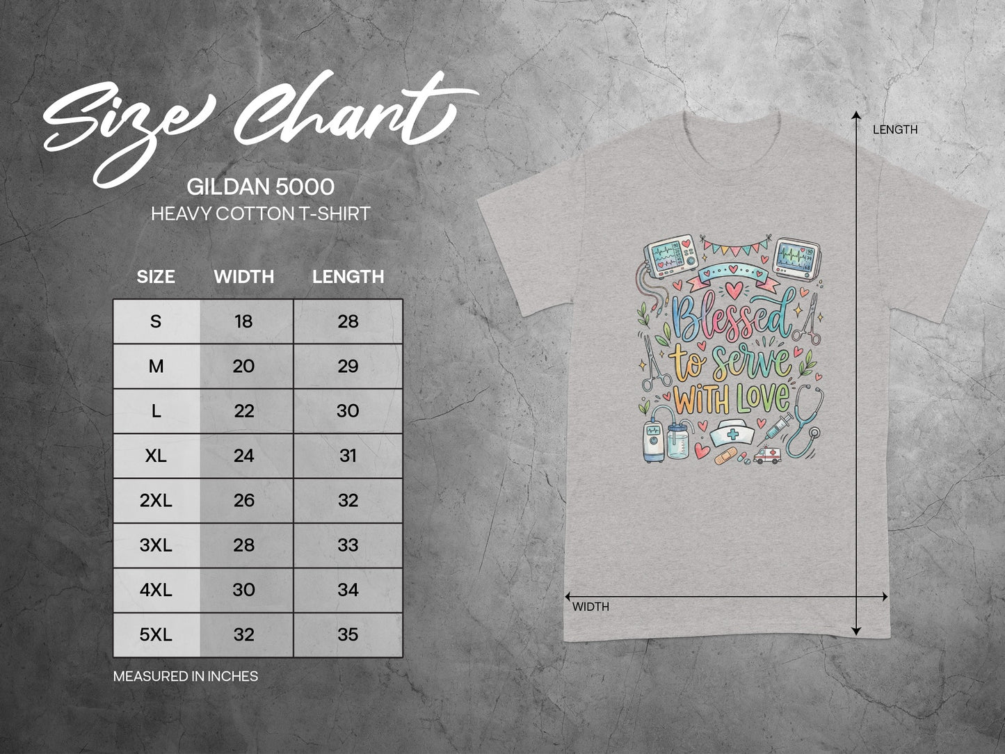Gildan 5000 size chart with t-shirt design featuring "Blessed to serve with love".