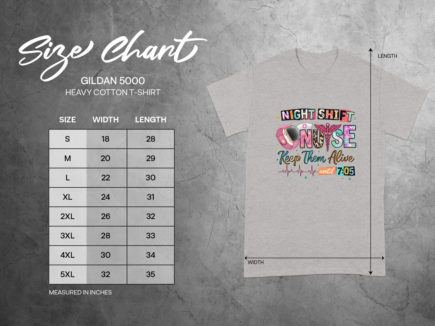 Gildan 5000 size chart with "Night Shift Nurse" graphic t-shirt.
