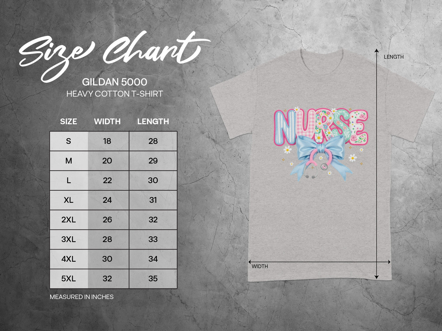 Gildan 5000 size chart with S-5XL t-shirt measurements and "Nurse" graphic.