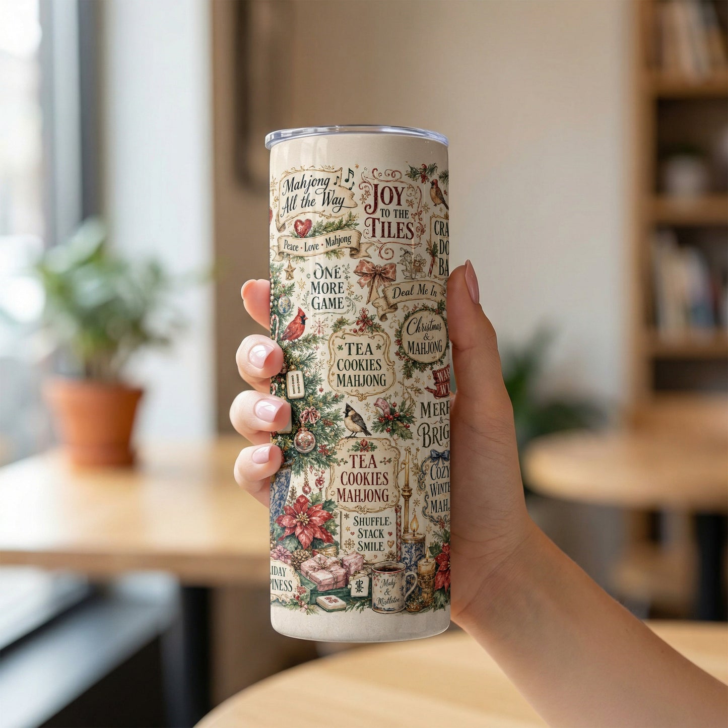 Mahjong-themed tumbler with festive designs and text "Mahjong All the Way".