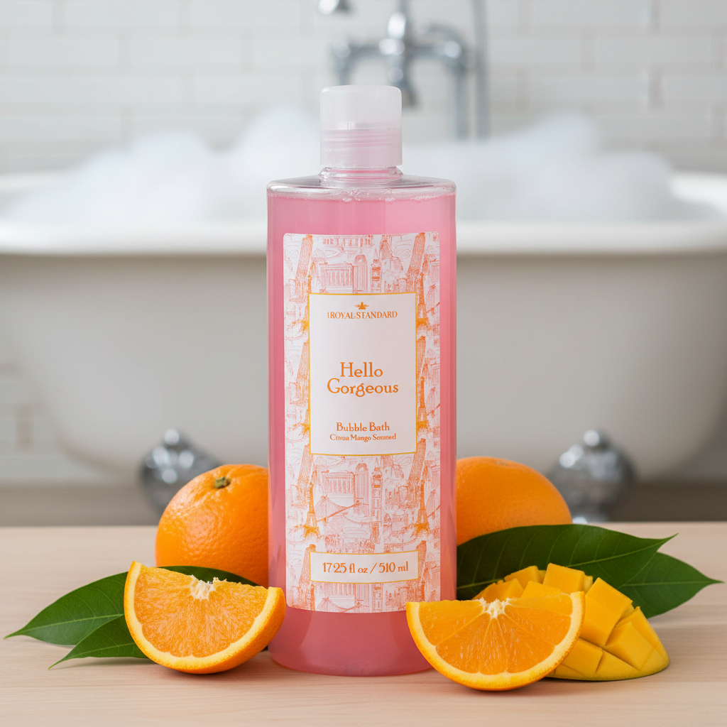 Hello Gorgeous Citrus Mango bubble bath product on a spa-inspired background