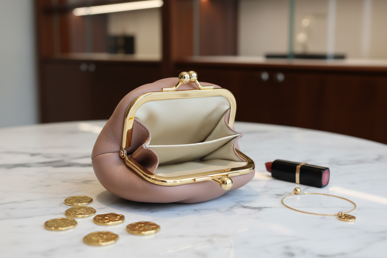 Compact Lambskin Coin Purse open on marble surface with gold coins, lipstick and bracelet