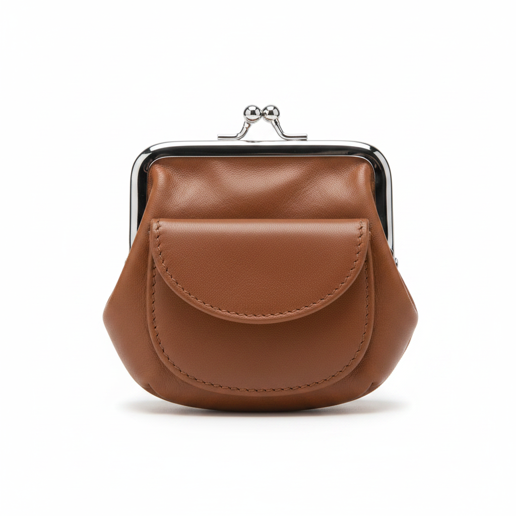 Brown lambskin leather kisslock coin purse with chrome frame on white background