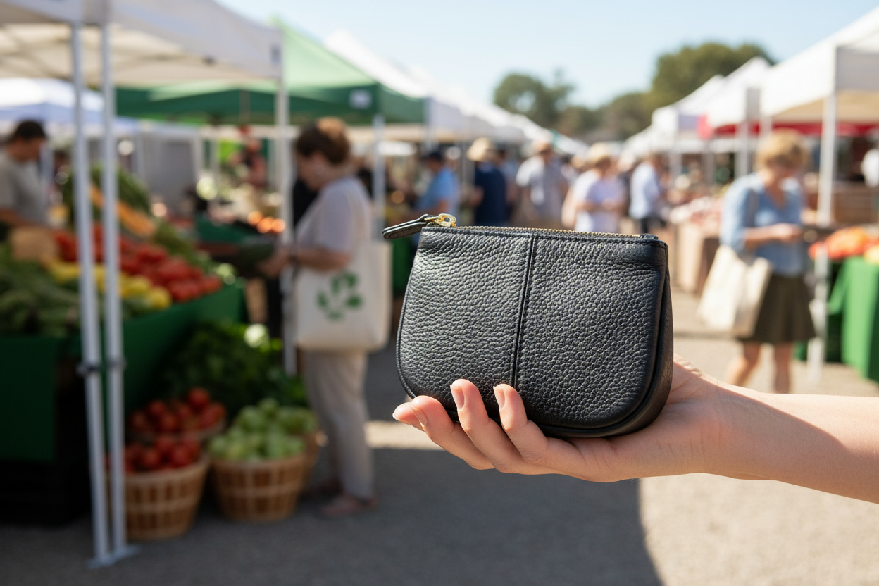 Black cowhide leather coin purse held in hand at outdoor farmers market