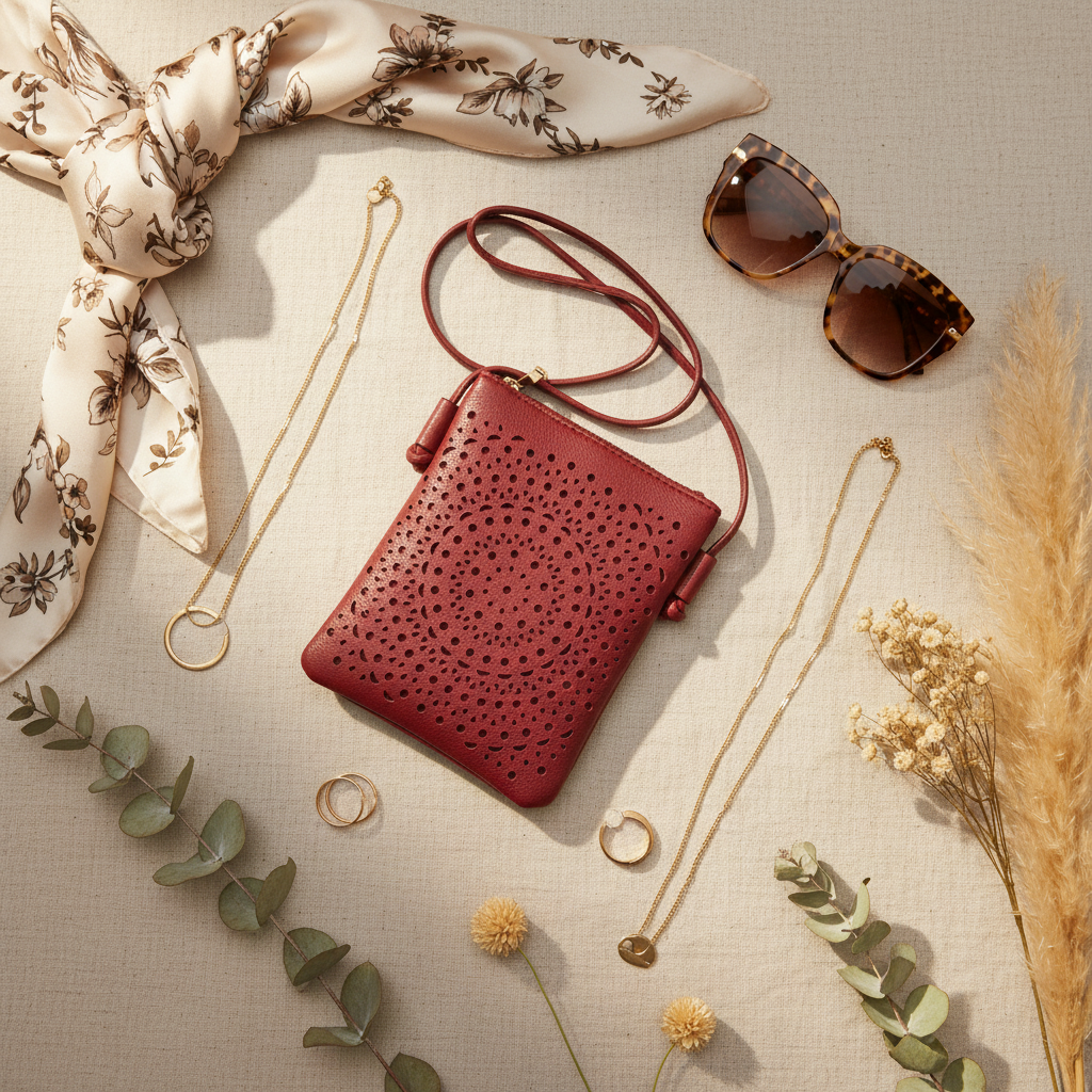 Laser Cut Boho Mandala Crossbody Bag Wine Flat Lay