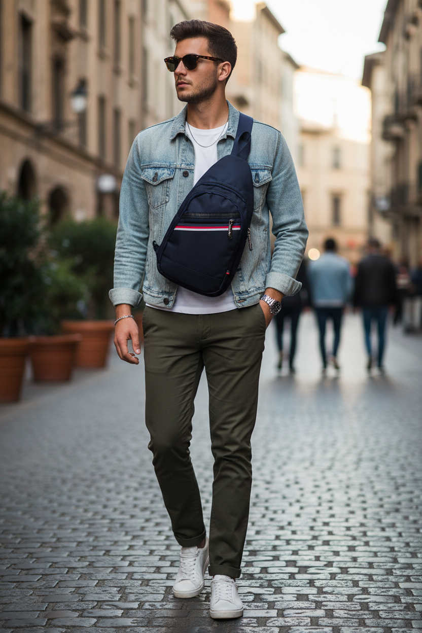 Navy Stripe Sling Backpack Lifestyle